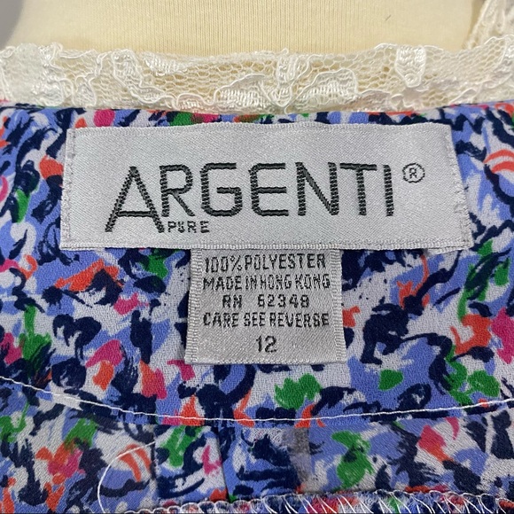 Vintage 80’s Blue Multi-Print Pleated Peplum Button-Up Blouse with Lace Collar - Picture 7 of 13